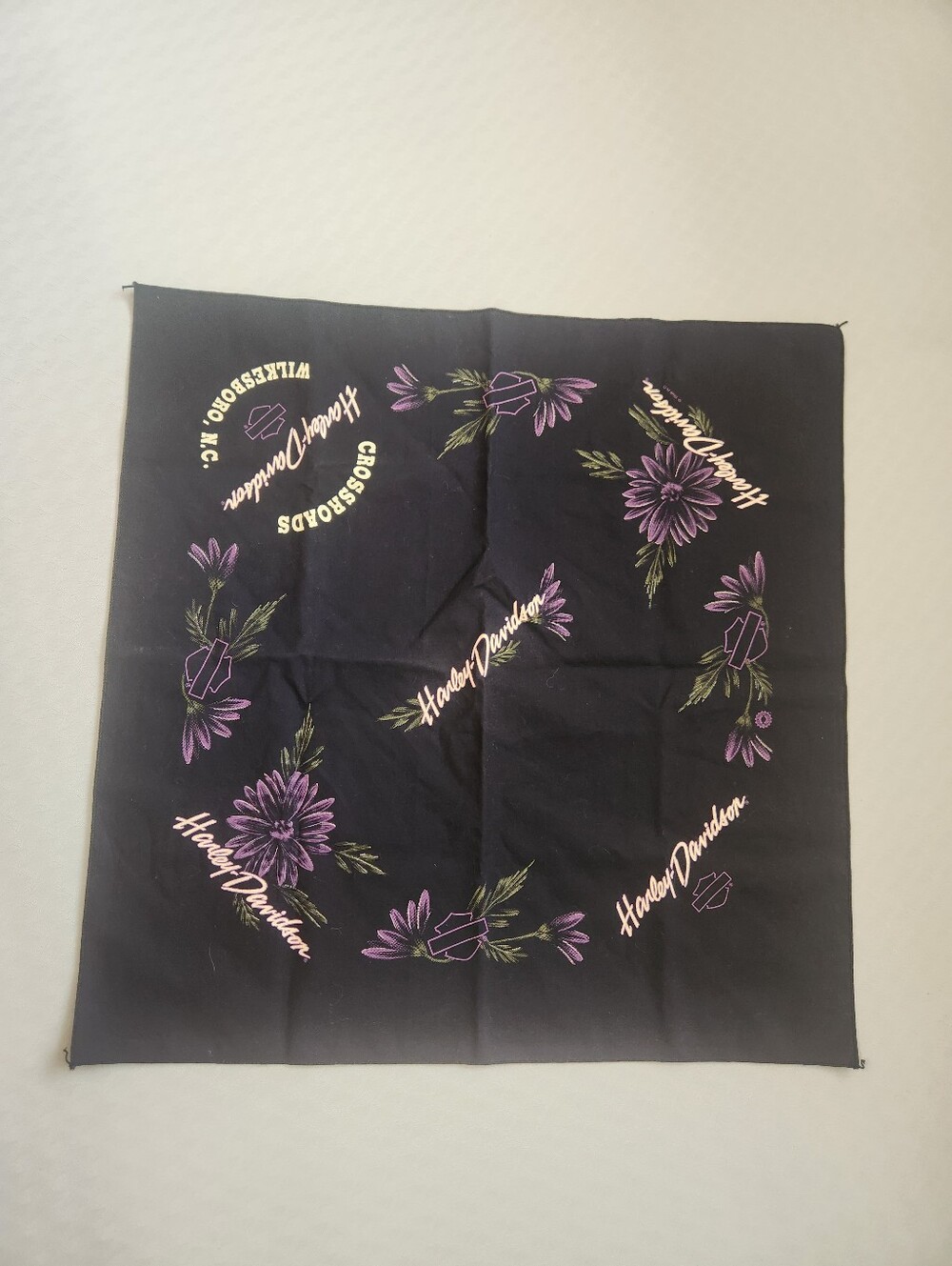 Vintage 90s Harley Davidson Bandana Black Purple Cotton Crossroad Wilkesboro NC